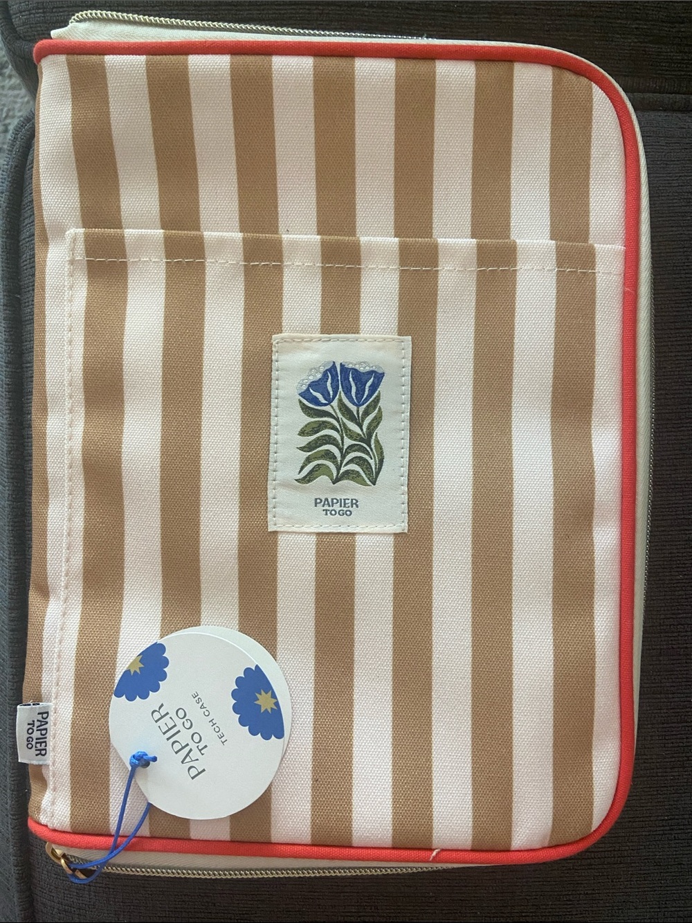 NWT Papier To Go Striped Zip Tech Case in Tan & White with Coral Trim
